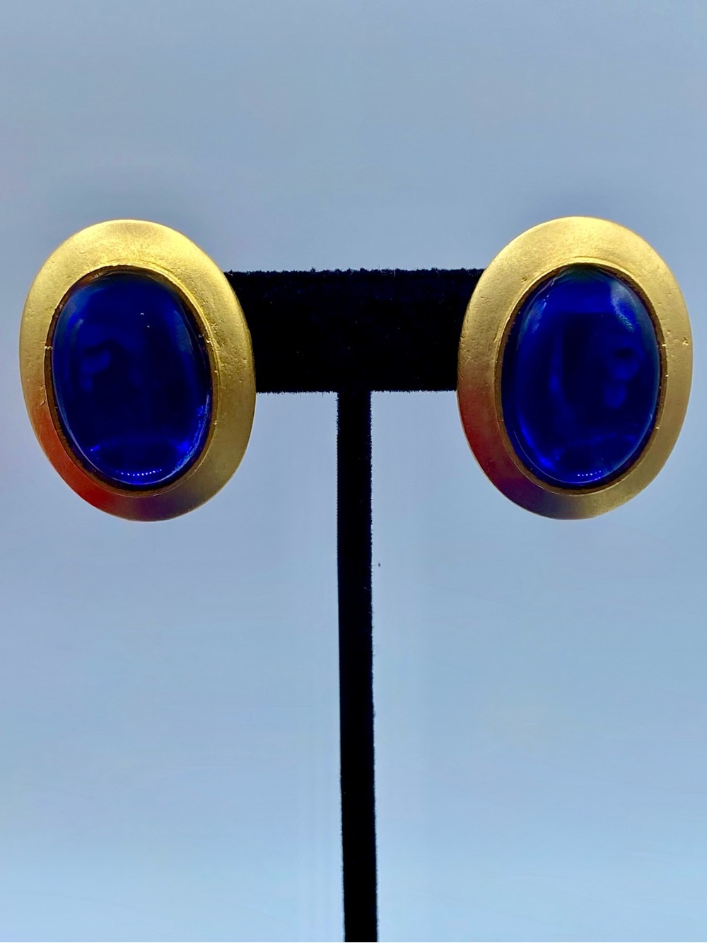 Gold Tone Blue Glass Cabochon Earrings